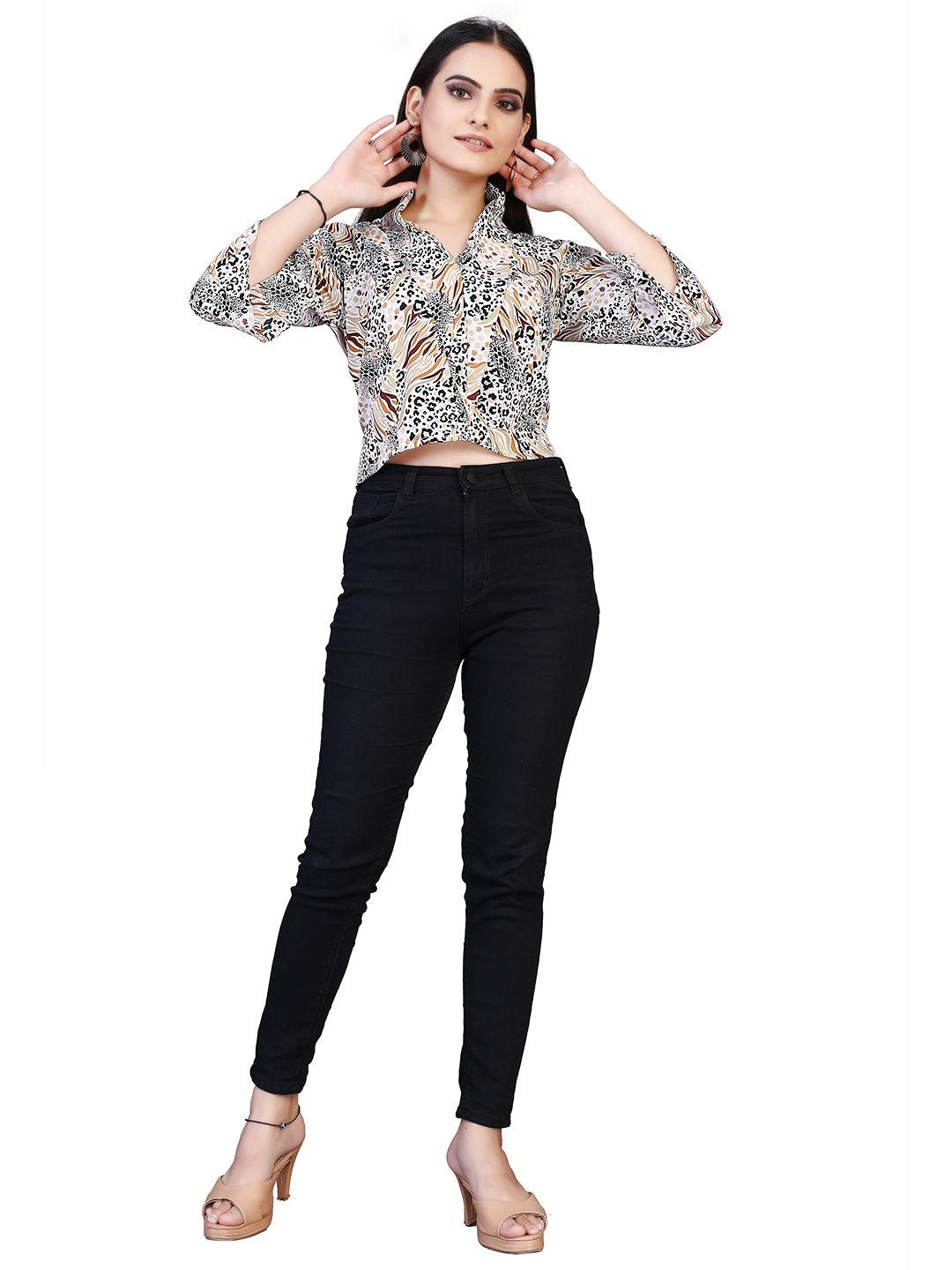 mrutbaa animal printed tie-up neck bell sleeves crop top