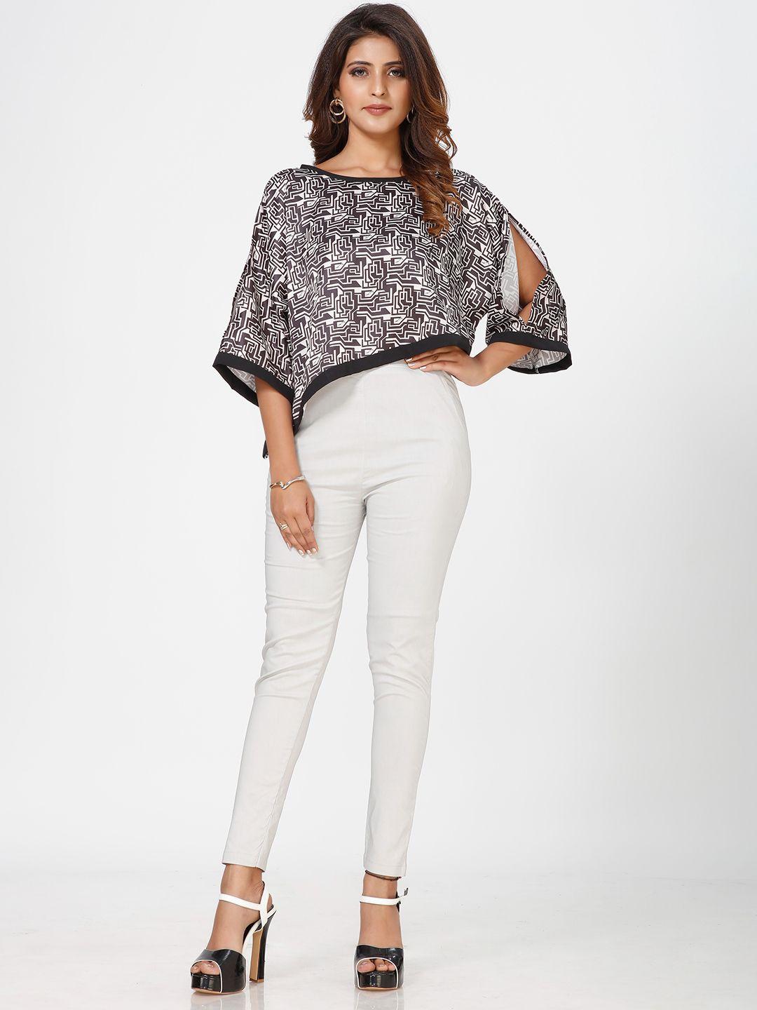 mrutbaa geometric printed cape sleeve satin top