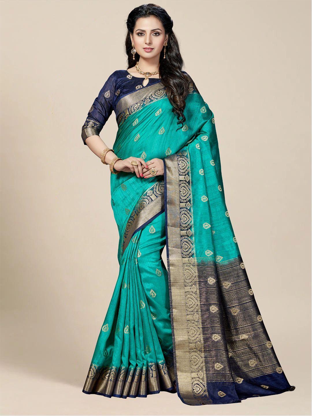 ms retail teal & gold-toned ethnic motifs zari silk blend kanjeevaram saree