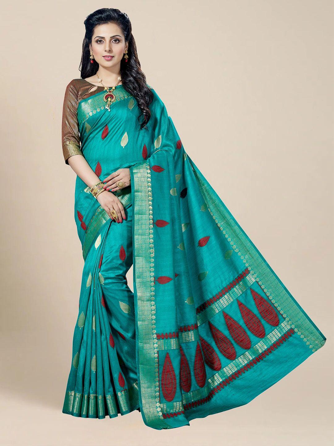 ms retail teal & gold-toned woven design zari silk blend kanjeevaram saree