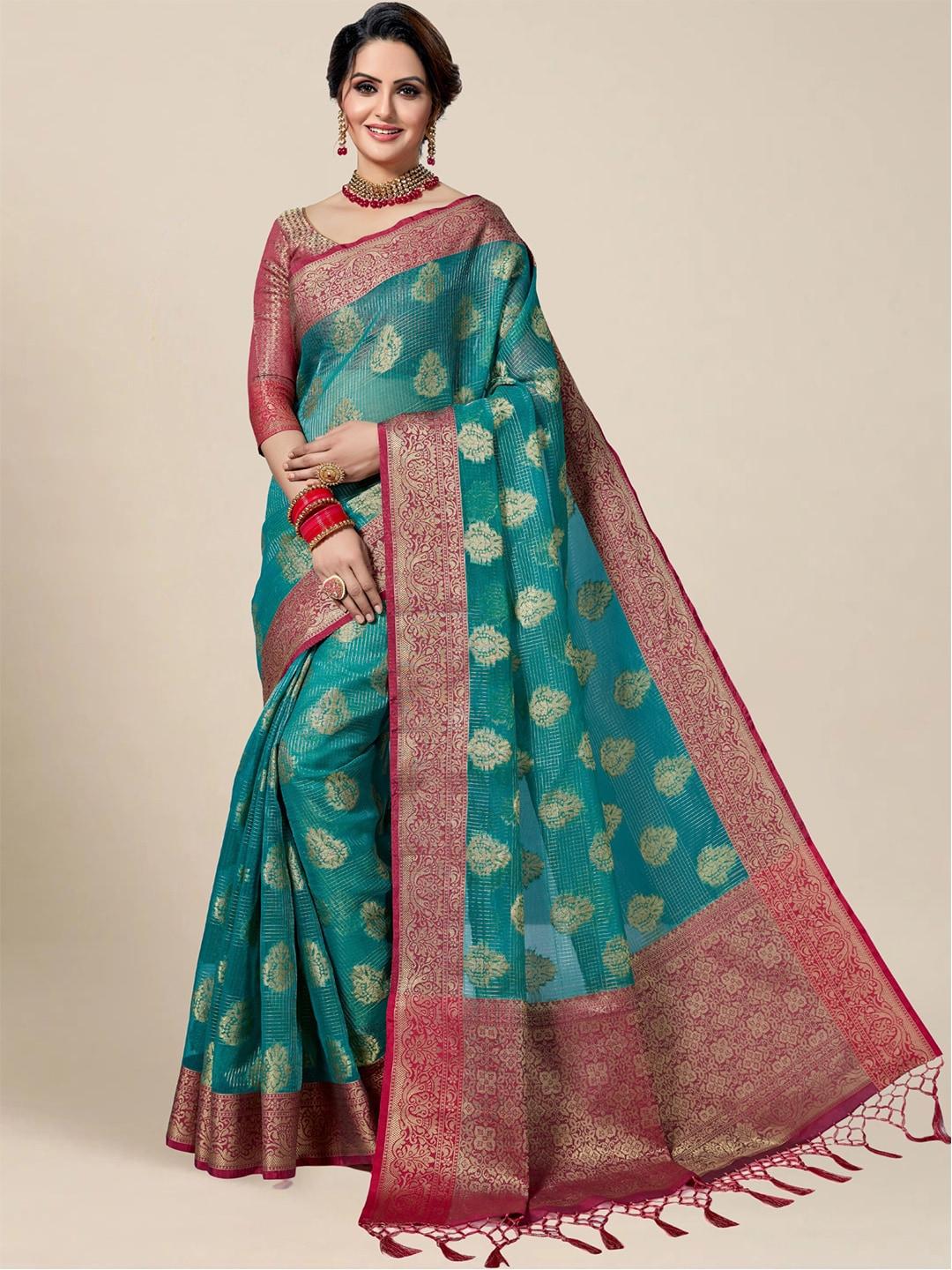 ms retail turquoise blue & pink ethnic motifs zari silk blend kanjeevaram saree