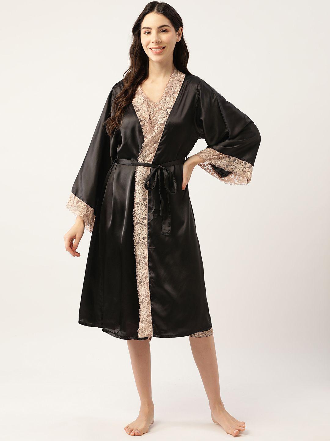 ms lingies black & beige satin baby doll with robe