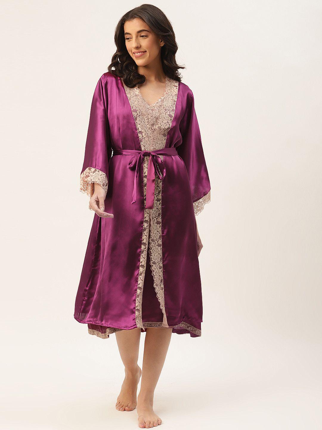 ms lingies burgundy & beige satin baby doll with robe
