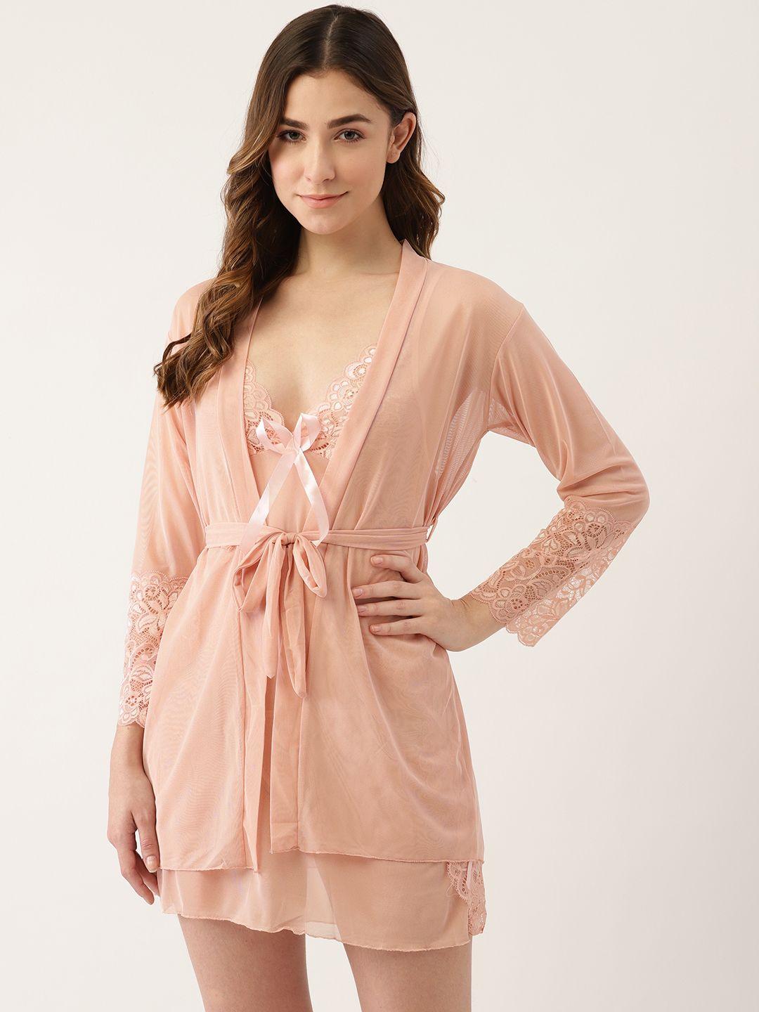 ms lingies women peach-coloured self design baby doll comes with a robe