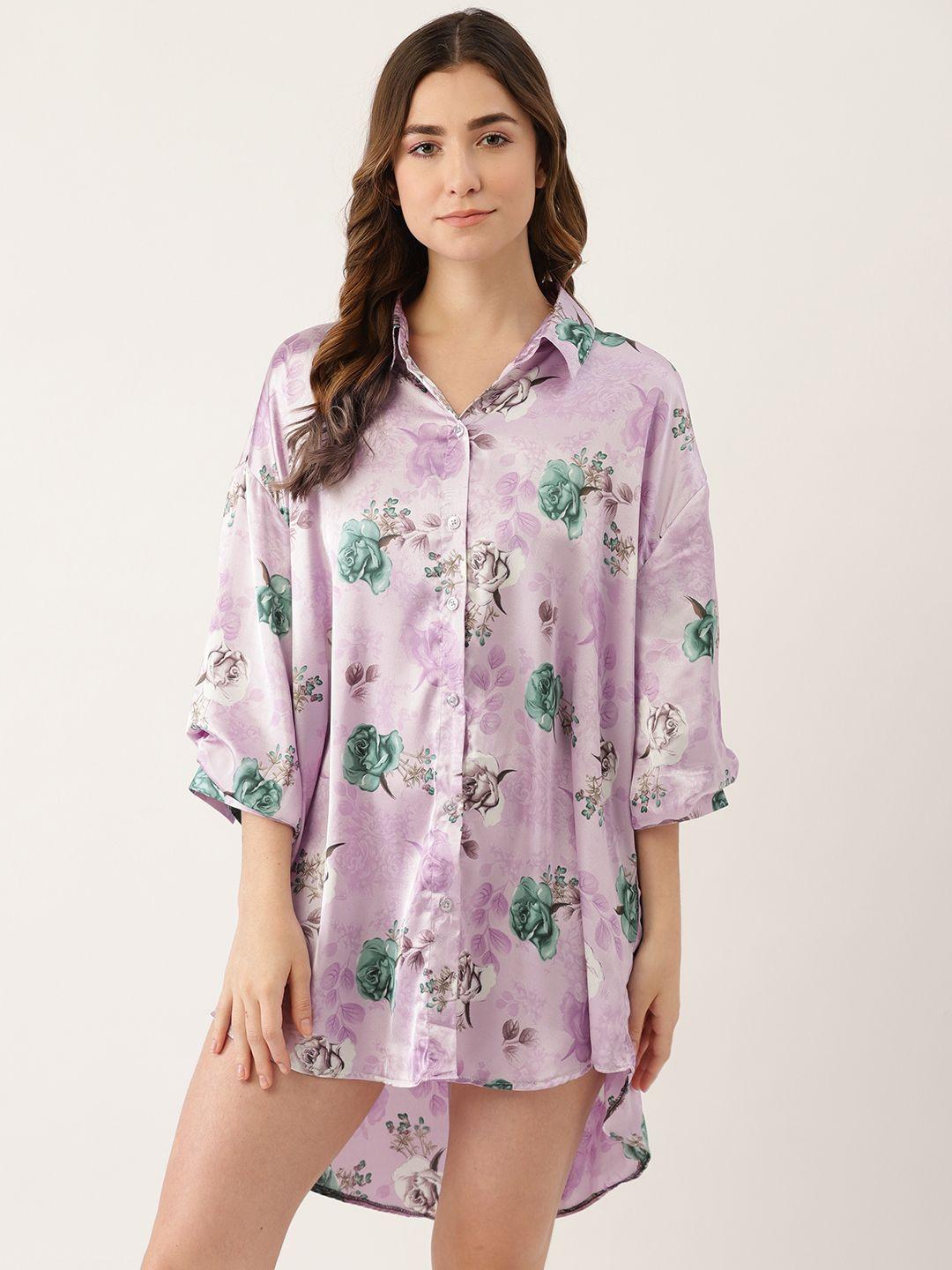 ms lingies women purple floral printed shirt style nightdress