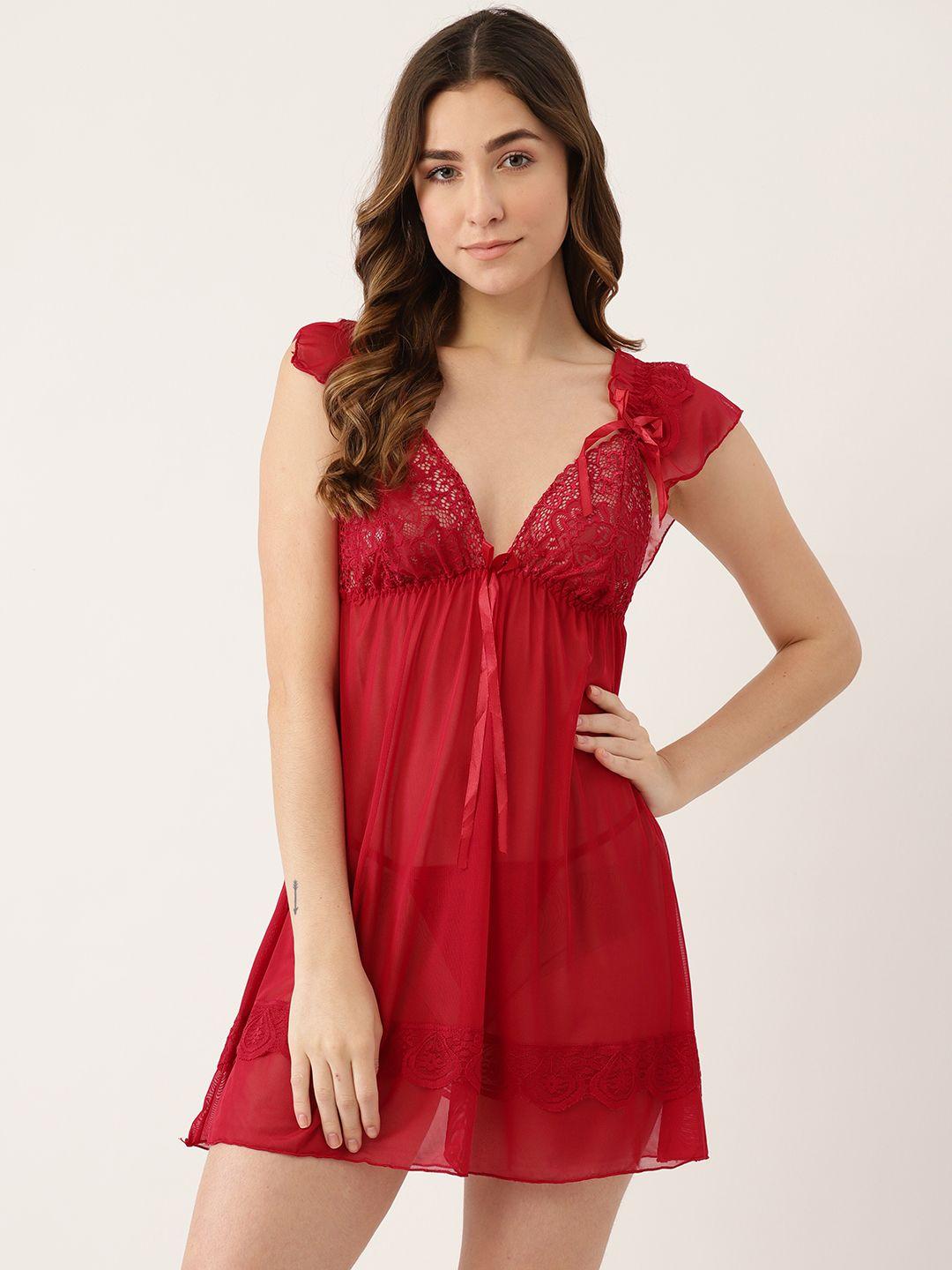 ms lingies women red solid lace detail net baby doll
