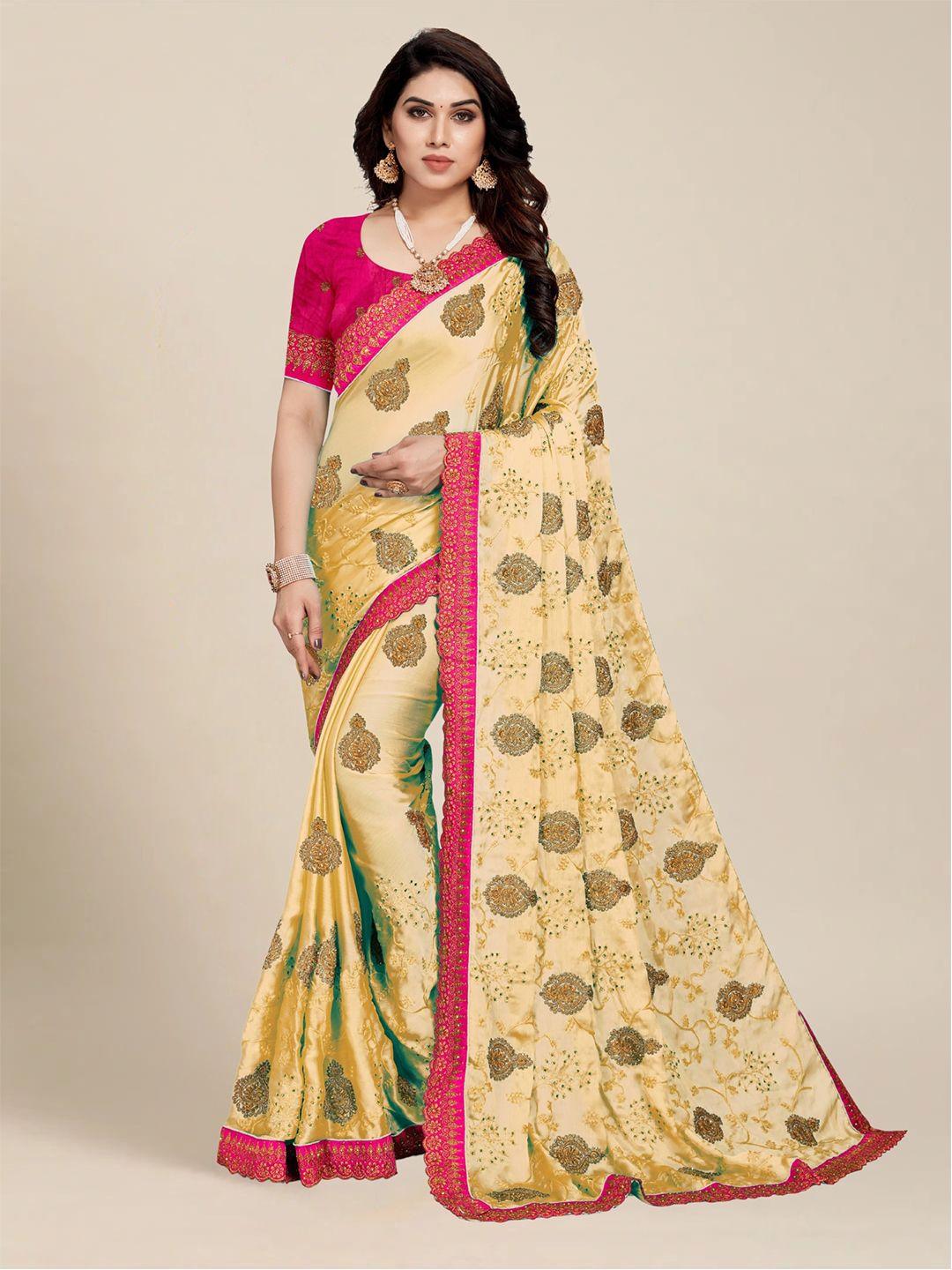 ms retail cream & pink embellished embroidered silk blend saree