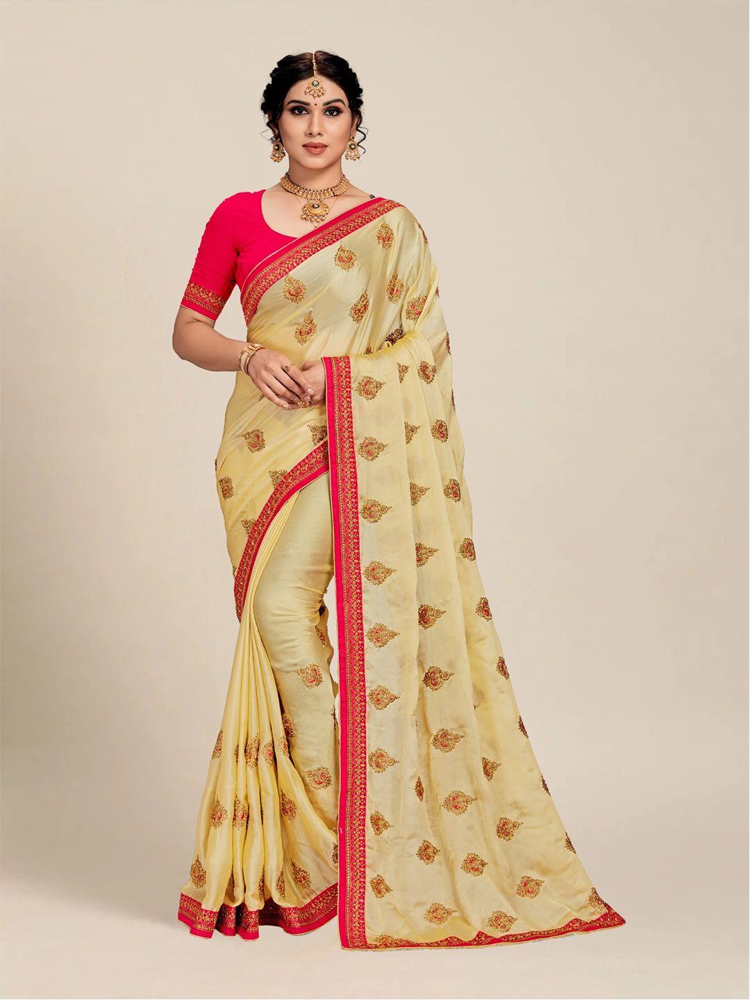 ms retail cream-coloured & red floral embroidered saree