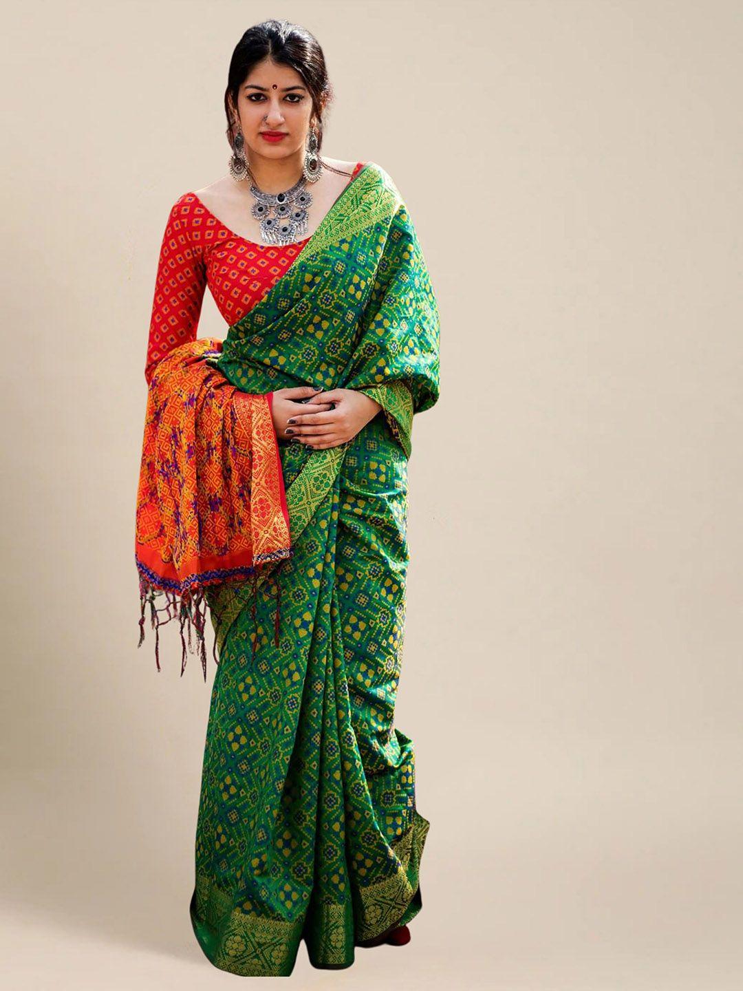 ms retail green & blue woven design silk blend patola saree