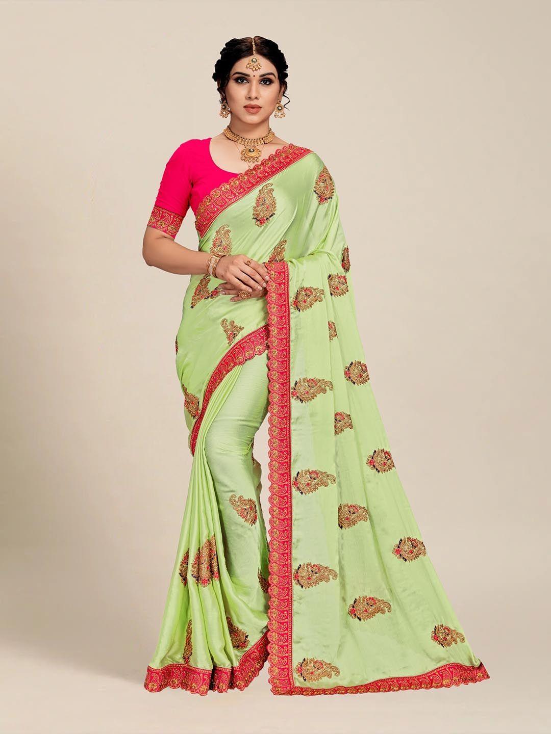 ms retail green & gold-toned paisley embroidered silk blend saree