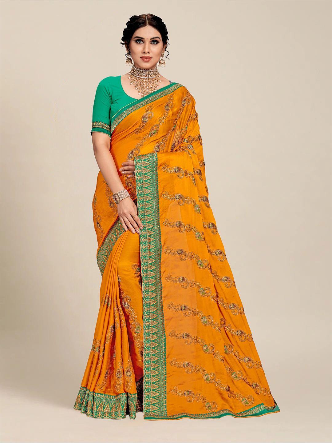 ms retail mustard & green paisley embroidered silk blend saree