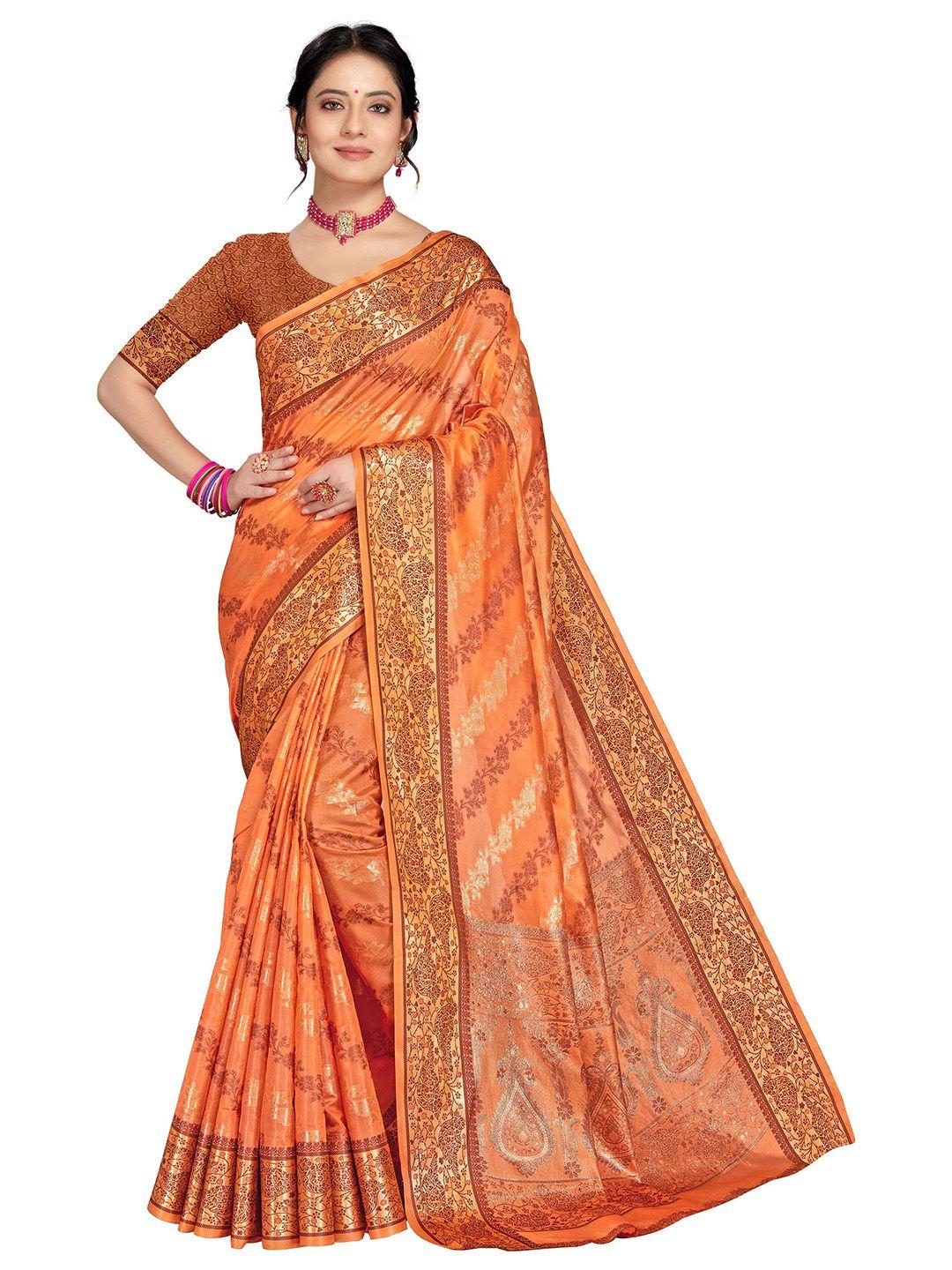 ms retail orange & gold-toned floral organza banarasi saree