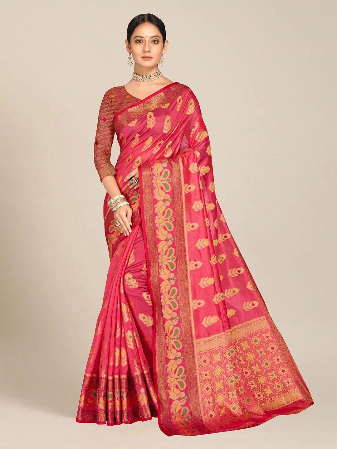 ms retail peach-coloured & blue woven design zari organza banarasi saree