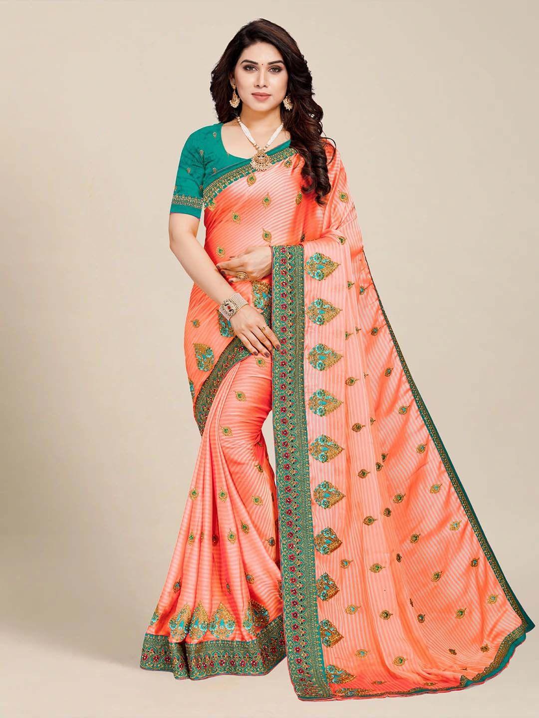 ms retail peach-coloured & green floral embroidered silk blend saree