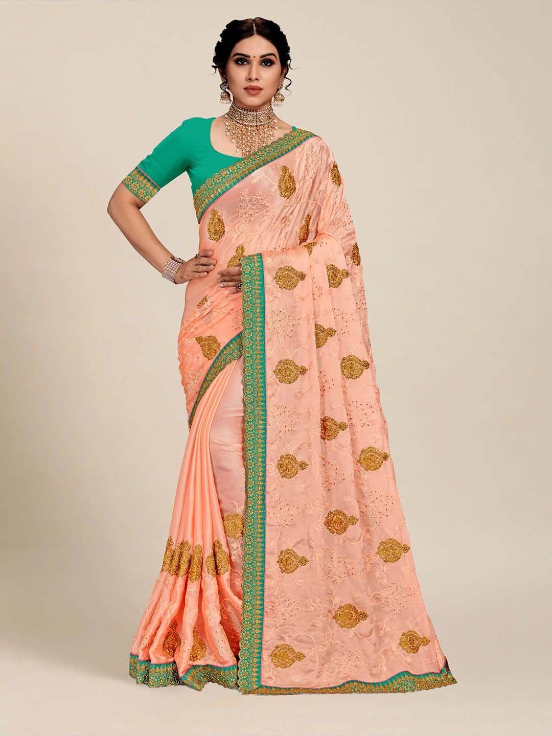 ms retail peach-coloured & green paisley embroidered silk blend saree