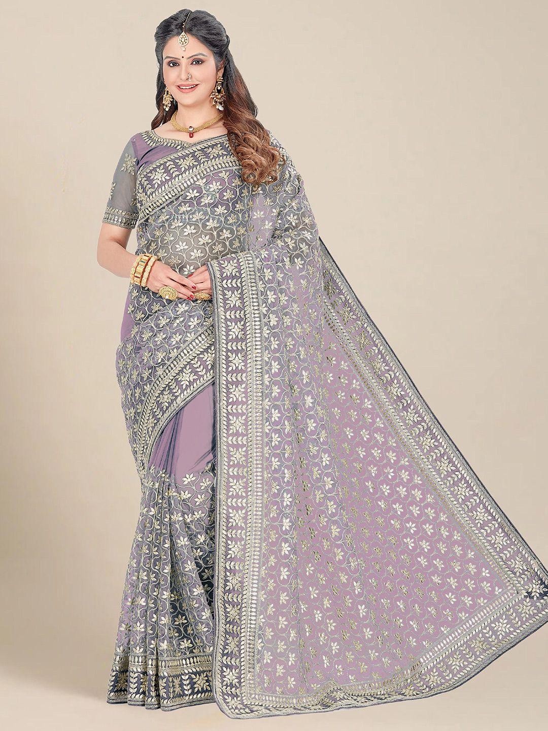 ms retail purple & silver-toned floral embroidered net heavy work saree