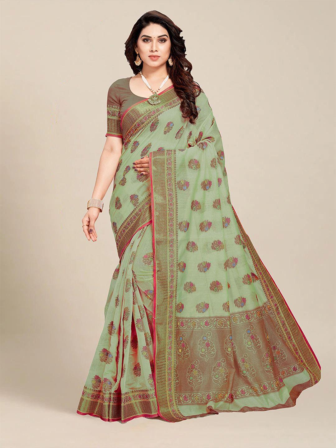 ms retail taupe & red floral zari chanderi saree