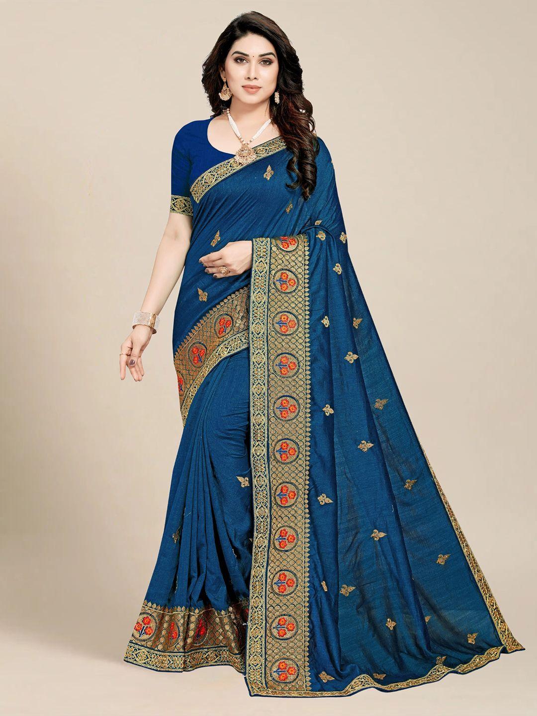 ms retail teal & gold-toned ethnic motifs embroidered silk blend saree