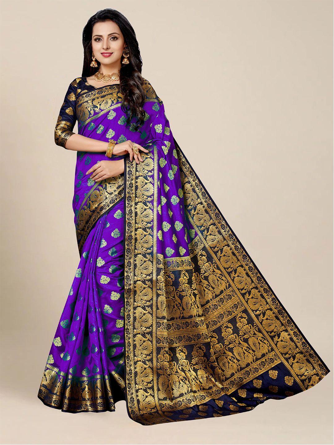 ms retail violet & blue ethnic motifs zari kanjeevaram saree