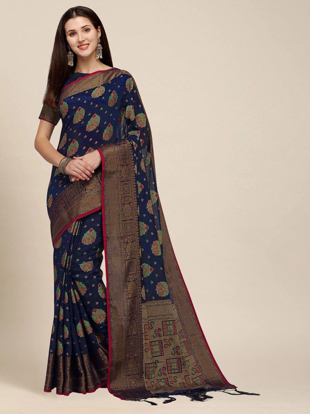 ms retail women navy blue & gold-toned woven design zari pure cotton chanderi saree