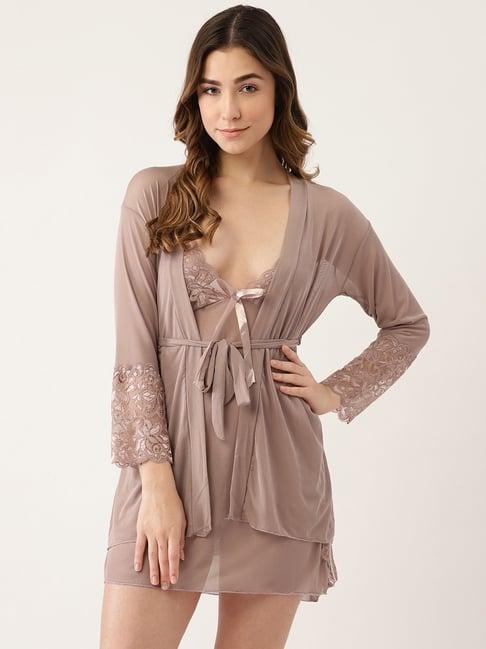 ms.lingies brown lace work babydoll with robe