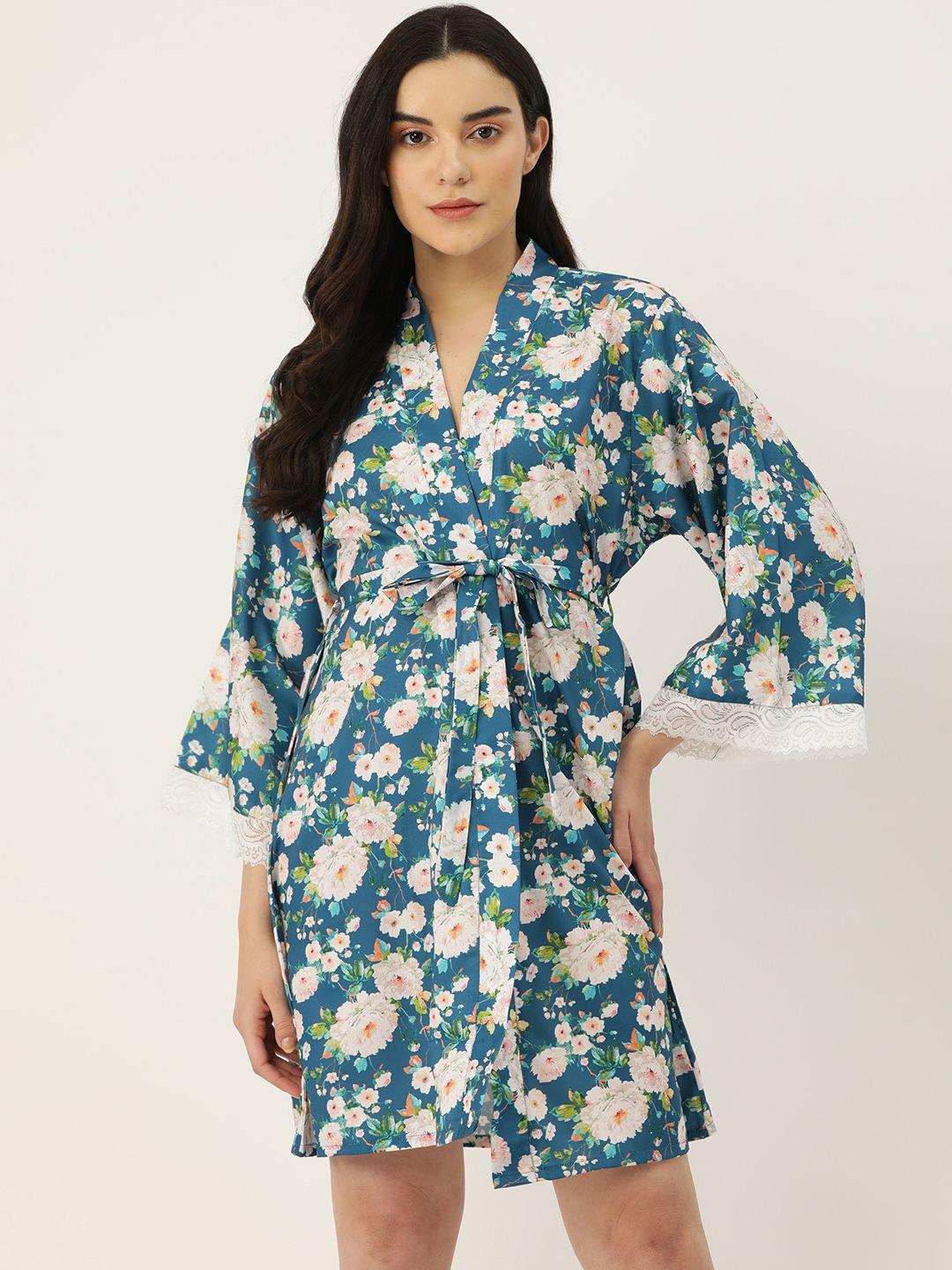 ms.lingies floral printed robe with lace detail