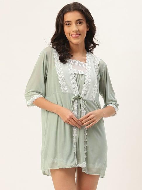 ms.lingies green lace work babydoll with robe