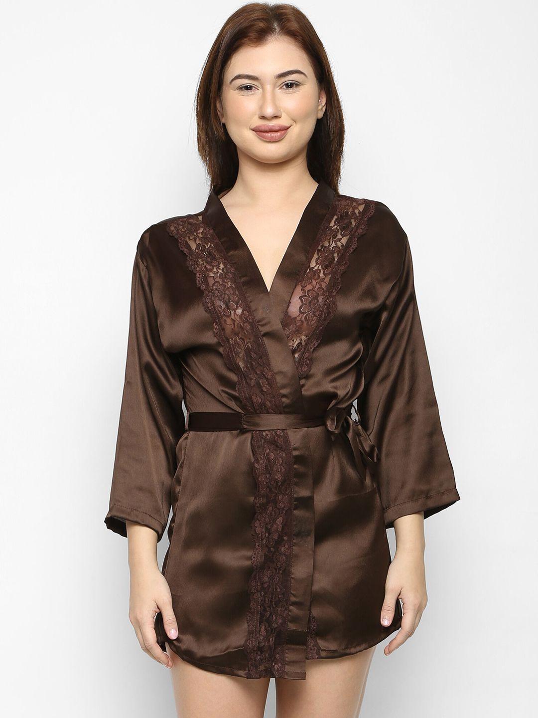 ms.lingies women brown solid mini robe with g-string briefs