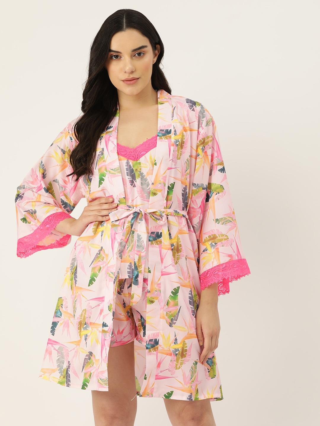ms.lingies women floral printed night suit with robe