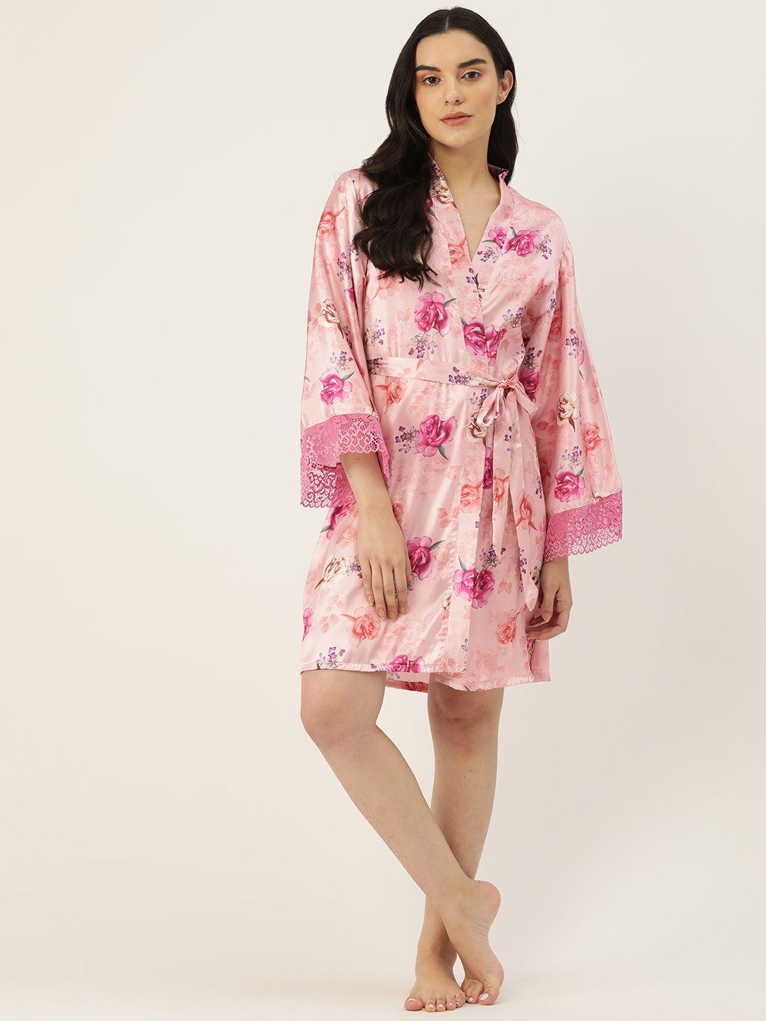 ms.lingies women printed satin robe with lace detail