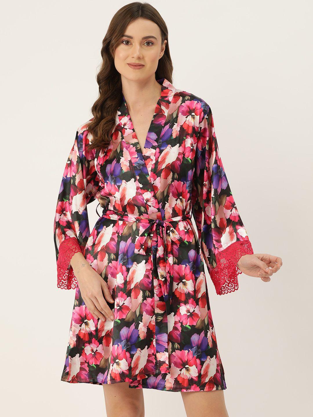 ms.lingies women printed satin robe with lace detail