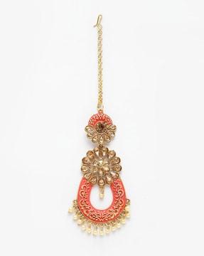 mtk-m-50118-pnk floral pattern mang tikka with stones & beads