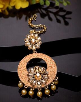 mtk-m-50120-pea kundan & pearl enamel mang tikka