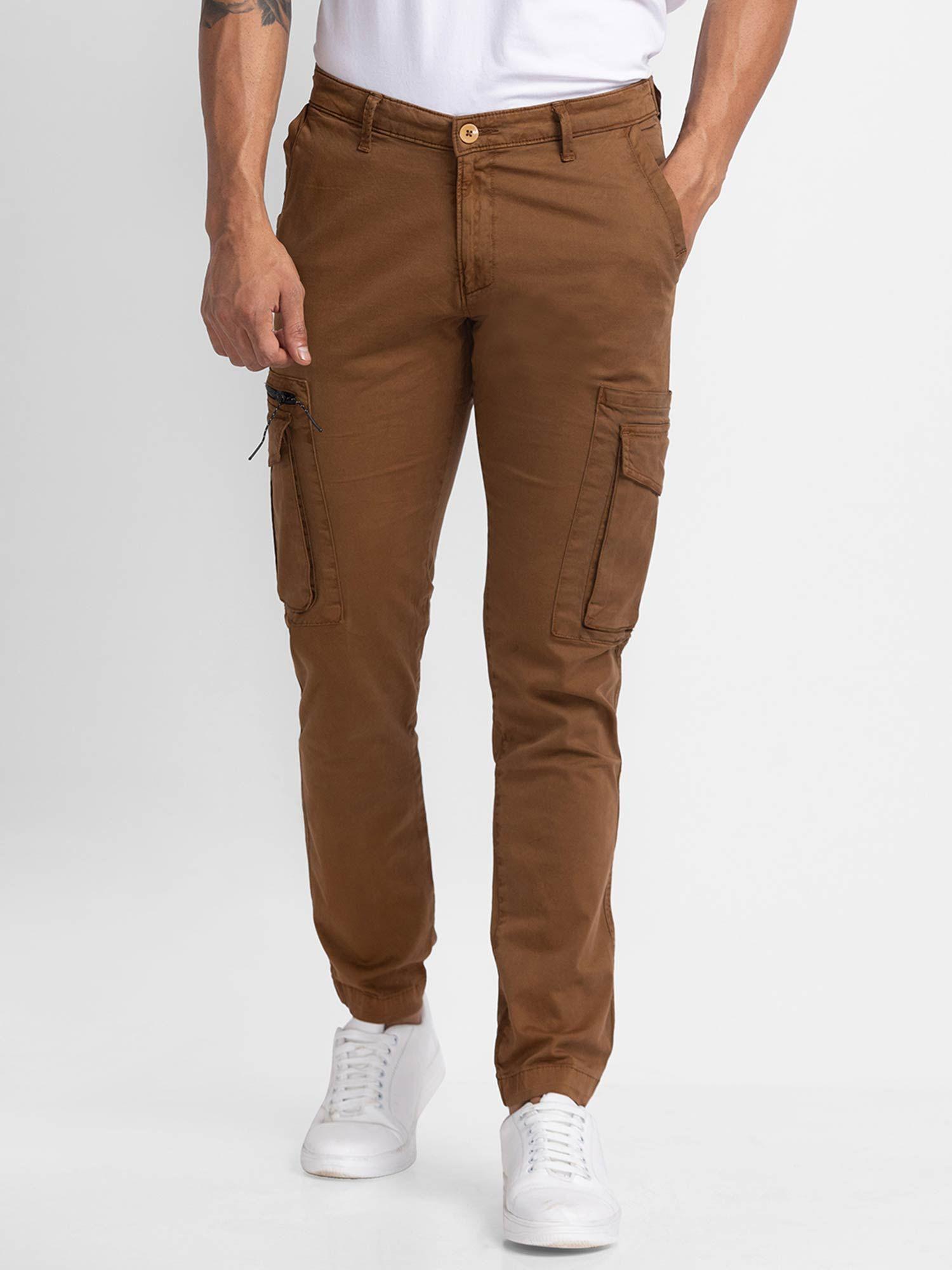 mud brown cotton slim fit regular length trousers for men