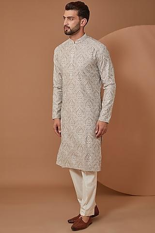 mud brown chanderi silk thread embroidered kurta set