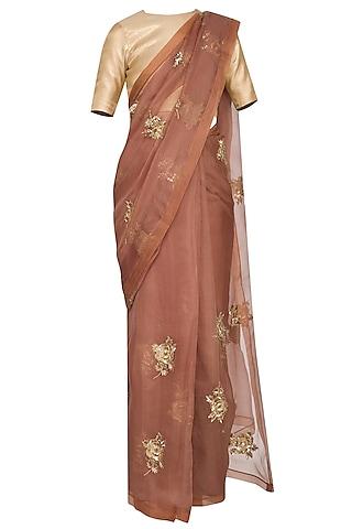 mud brown embroidered saree set