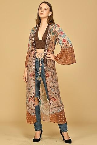 mud brown printed kimono
