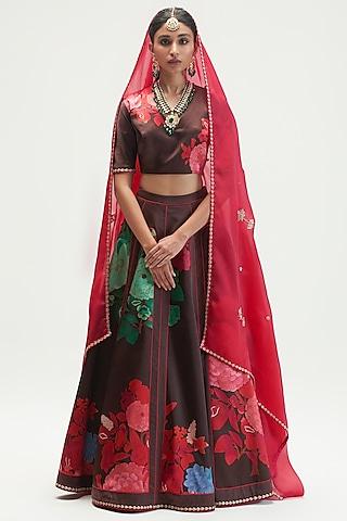 mud brown silk satin crepe printed lehenga set