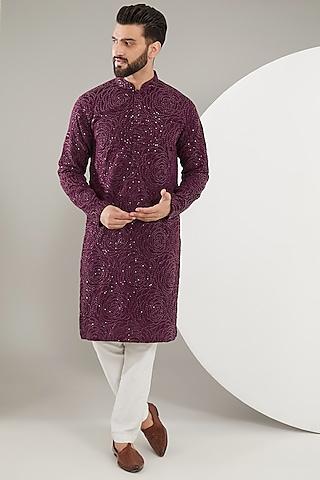 mud wine silk floral embroidered kurta set