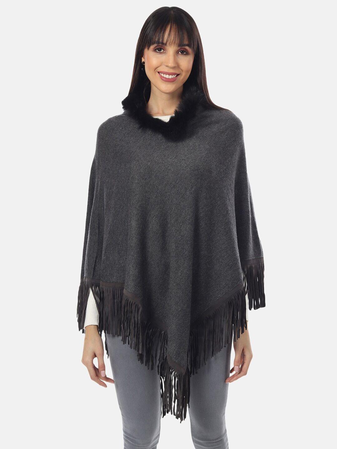 muffly women black poncho with fringed detail