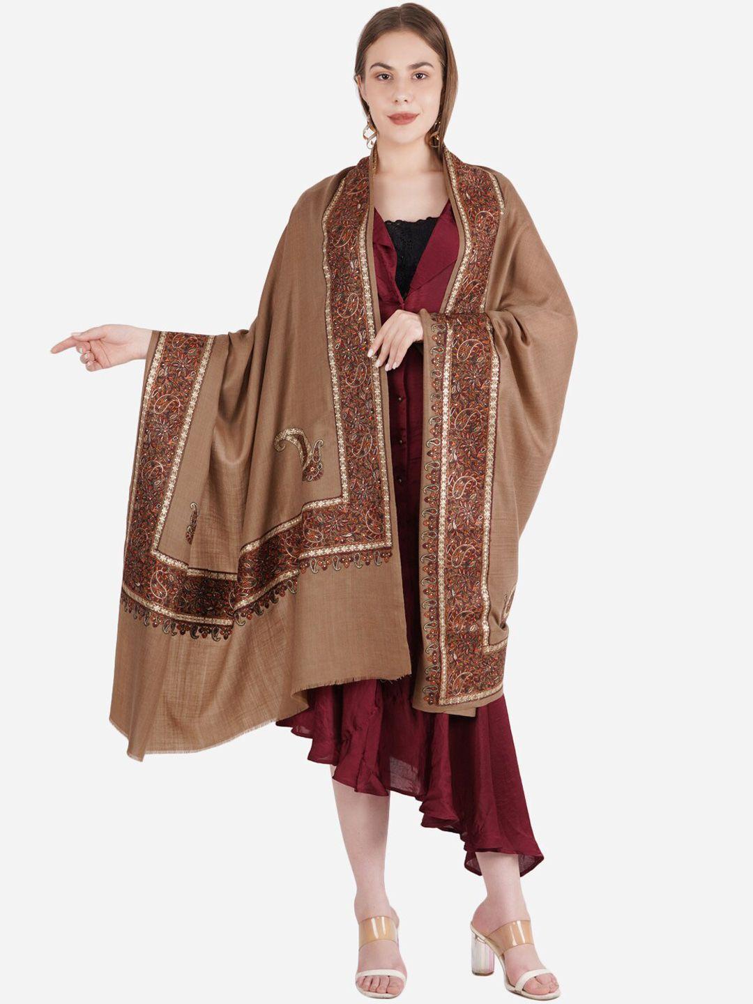muffly women brown embroidered pashmina woolen shawl