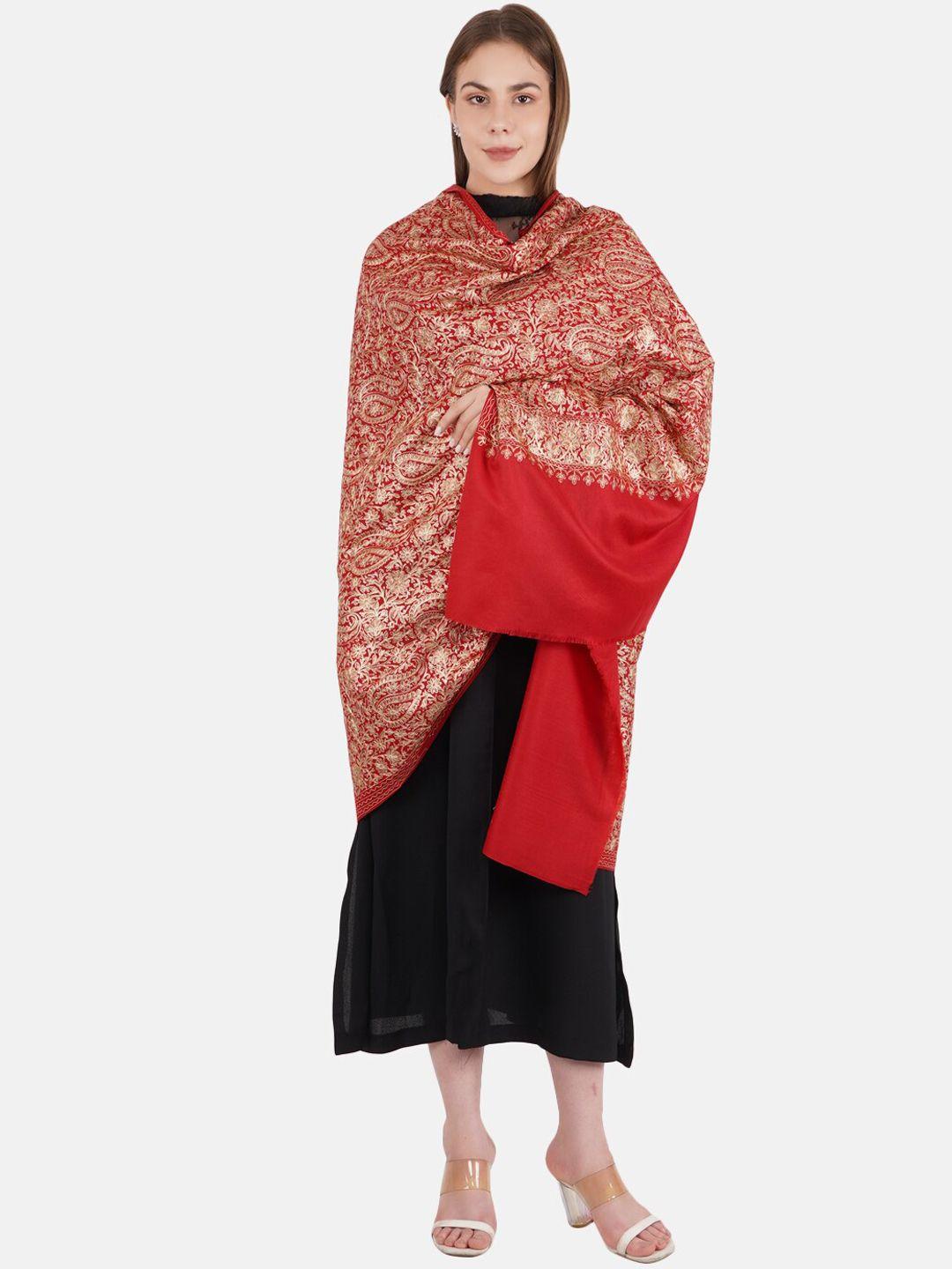 muffly women red embroidered pashmina woolen shawl