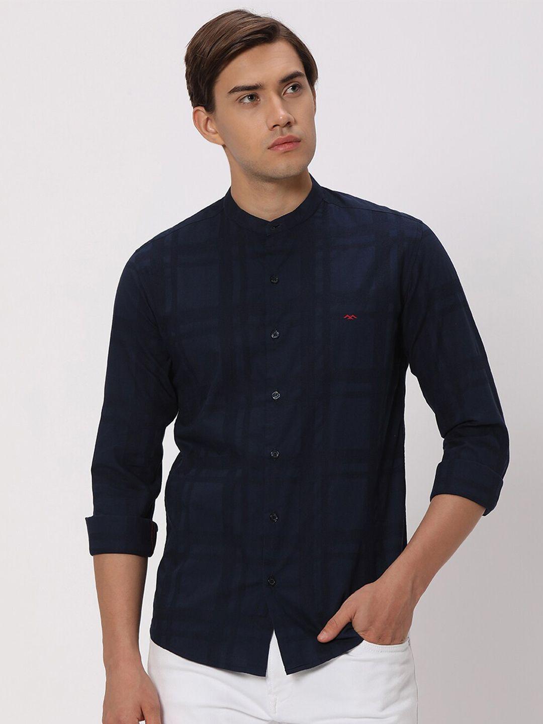 mufti men navy blue slim fit opaque checked casual shirt