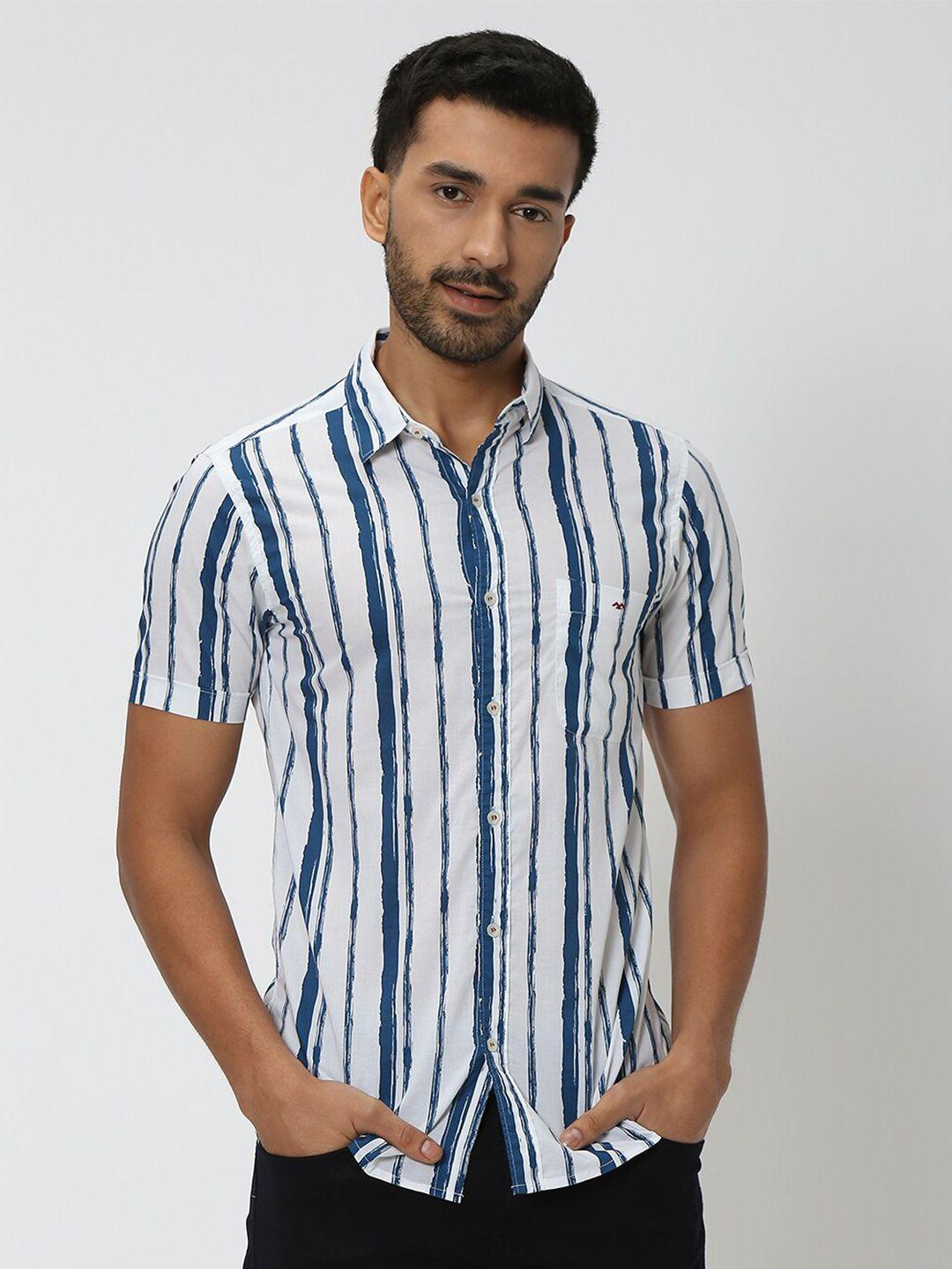 mufti men navy blue slim fit opaque striped casual shirt