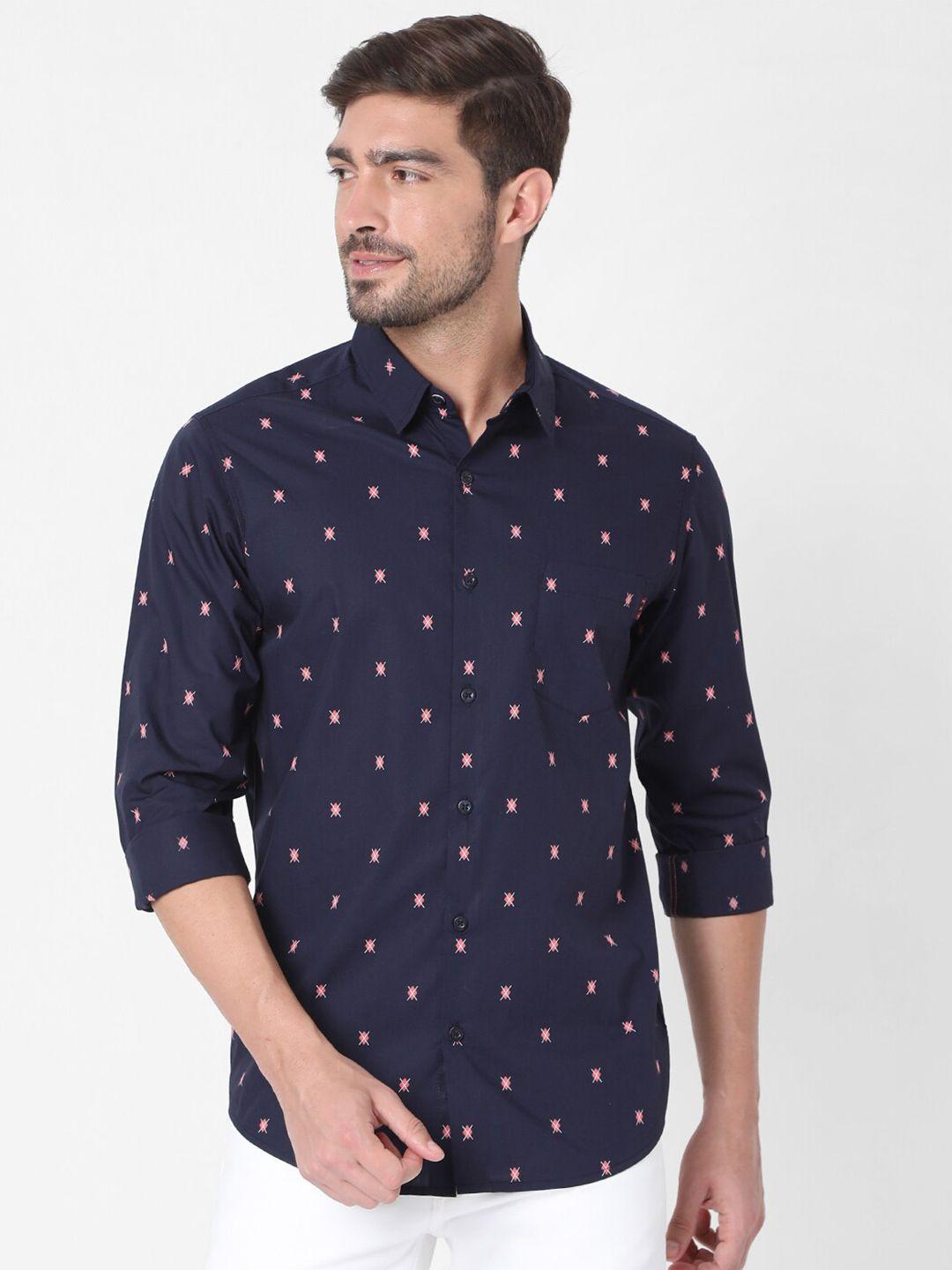 mufti men navy blue slim fit printed cotton casual shirt
