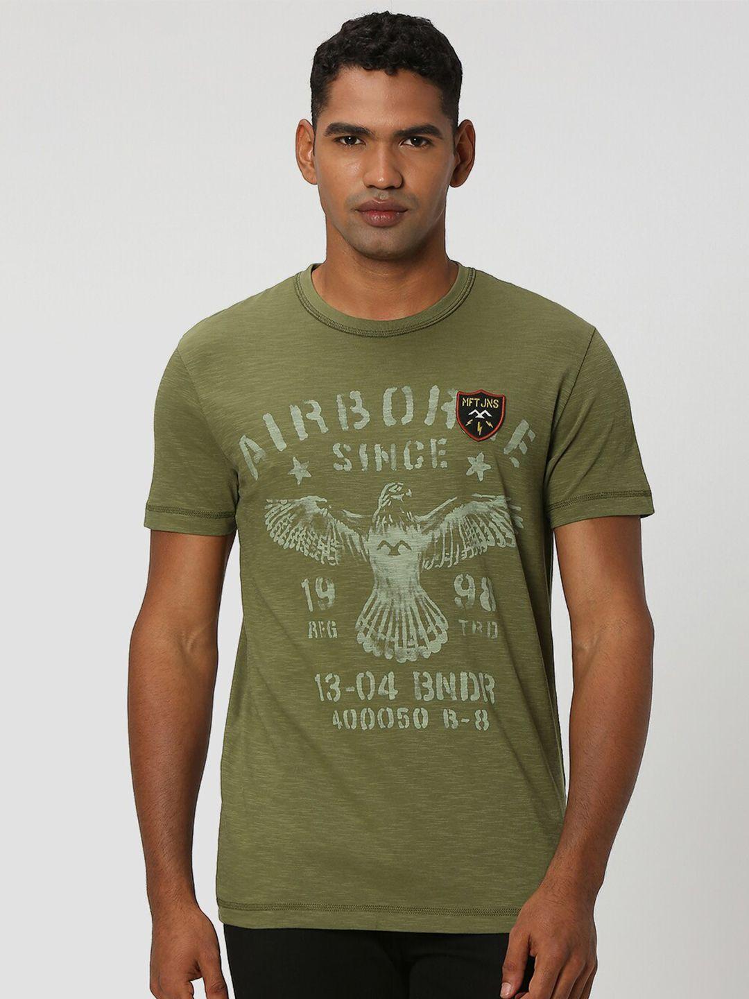 mufti men olive green & nutria typography printed applique slim fit t-shirt