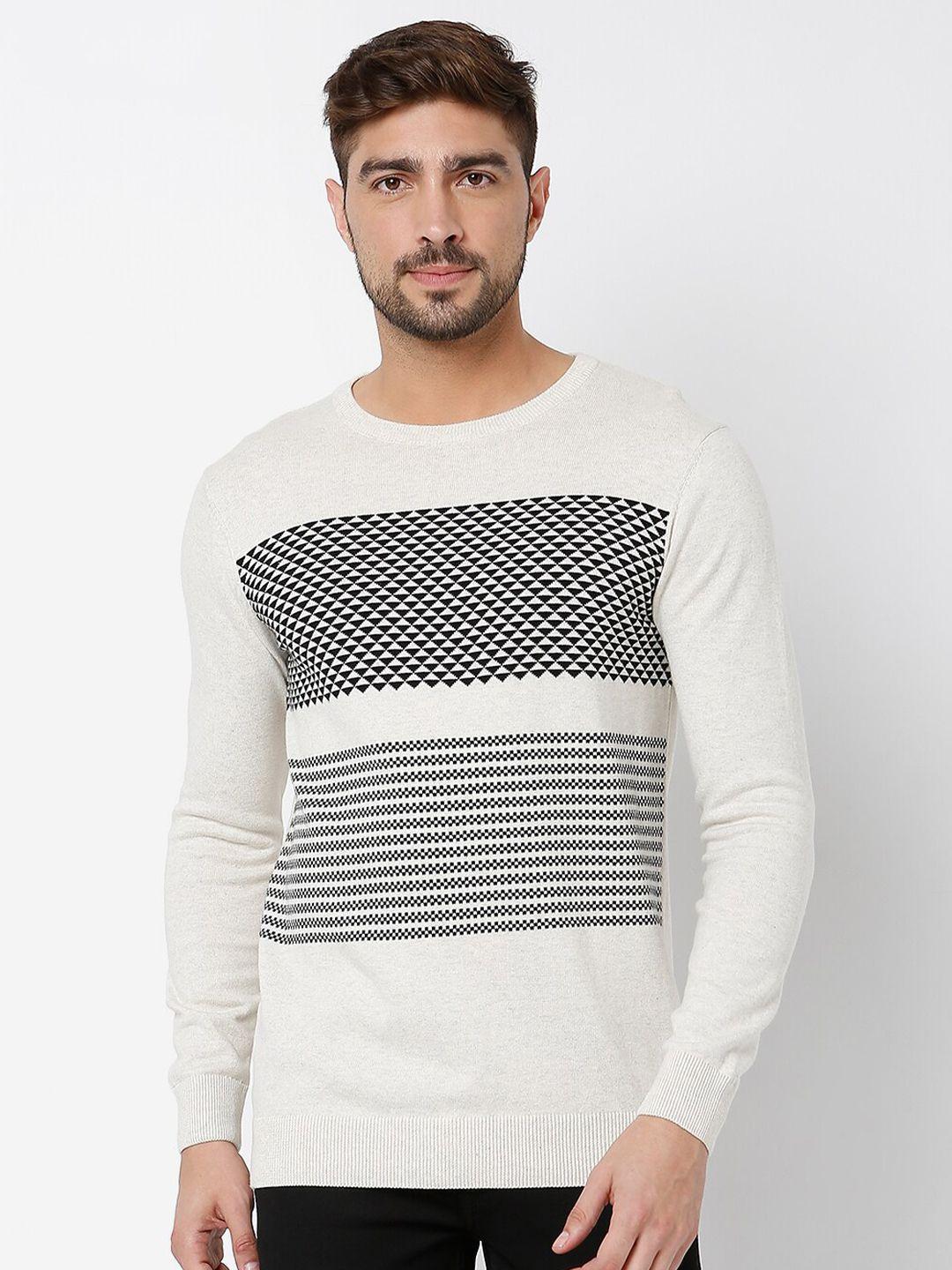 mufti men white & black round neck full sleeve sweater