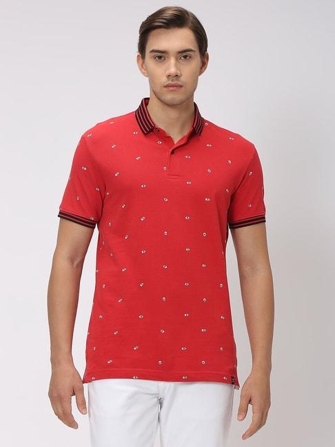 mufti red slim fit printed cotton polo t-shirt