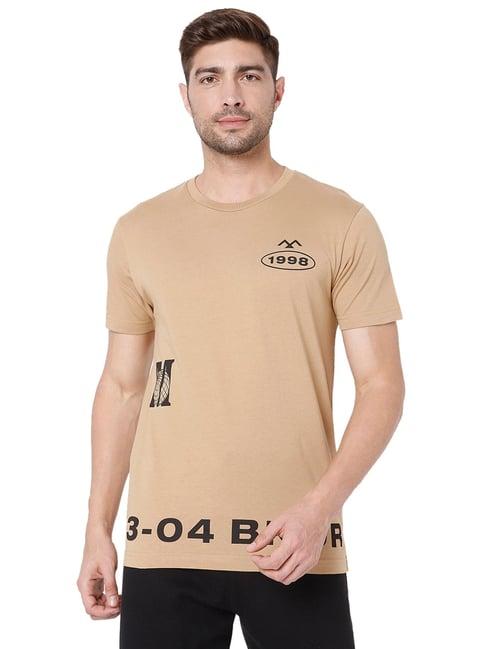 mufti beige slim fit printed cotton crew t-shirt