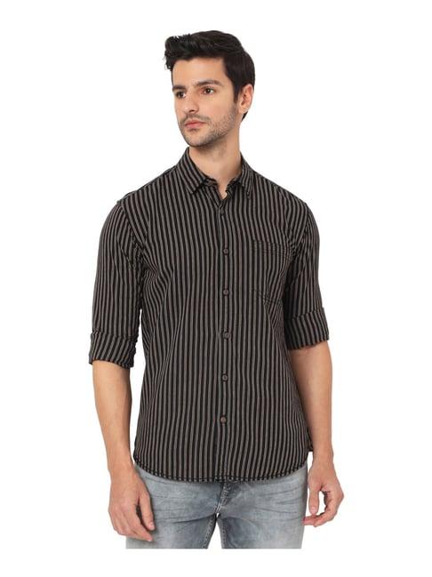 mufti black cotton linen slim fit striped shirt